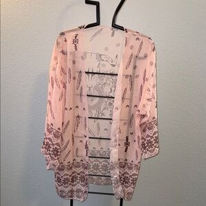 Light Pink Sheer Western  Kimono with Feather & Skull Print